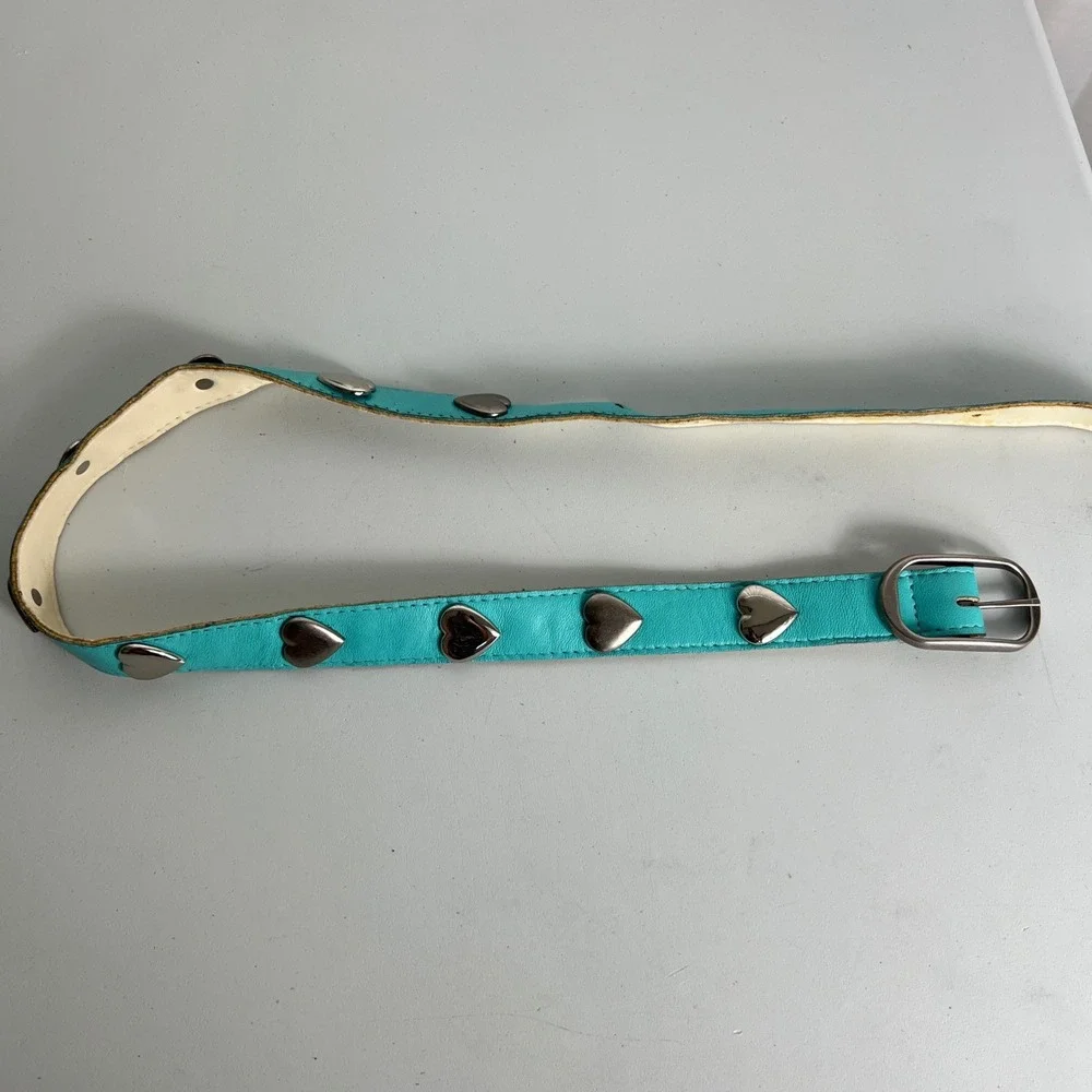 Vintage‎ Y2K Aqua Blue Faux Leather Heart Studded Belt Silver Buckle Turquoise